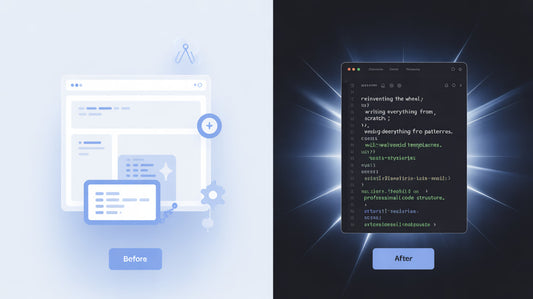 Comparison of a website interface 'Before' and a code editor 'After' on a dark background.