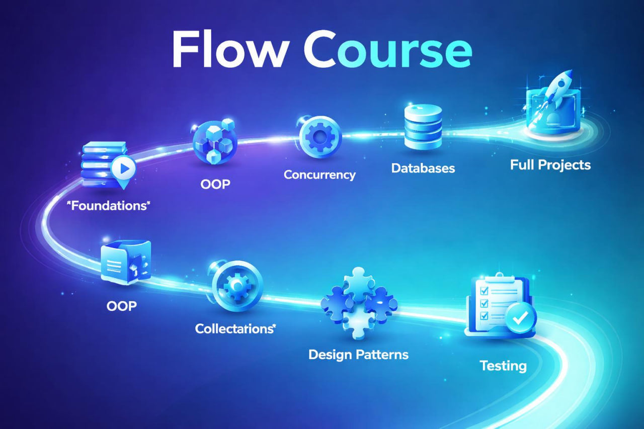 Flow course diagram with icons and text on a blue background