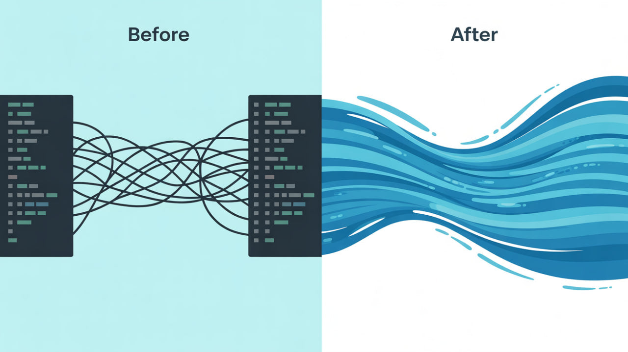 Comparison of complex code layout labeled 'Before' and simplified, flowing code layout labeled 'After'.