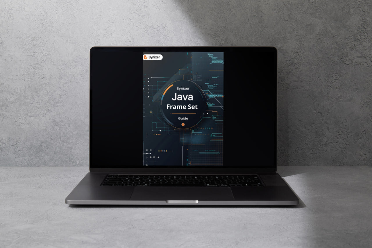 Laptop displaying a Java Frame Set on a gray background