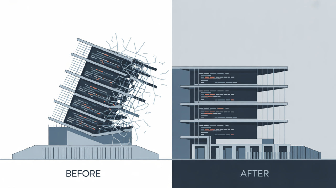 Before and after comparison of a building design with text overlay