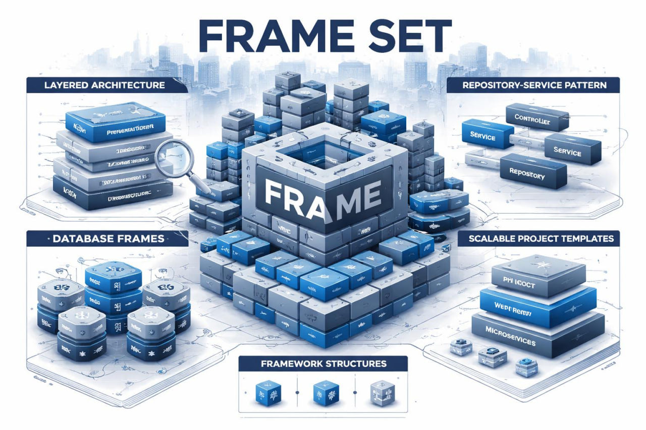 Diagram of a layered architecture with 'FRAME' at the center, surrounded by various components.