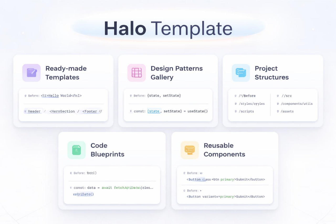 Halo Template with features like Ready-made Templates, Design Patterns Gallery, Project Structures, Code Blueprints, and Reusable Components on a light background.