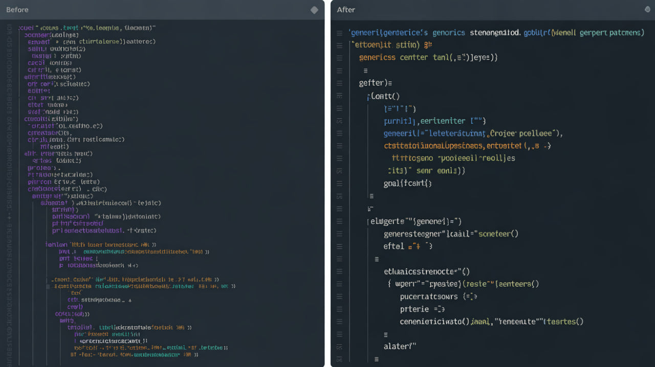 Side-by-side comparison of code before and after refactoring on a dark background