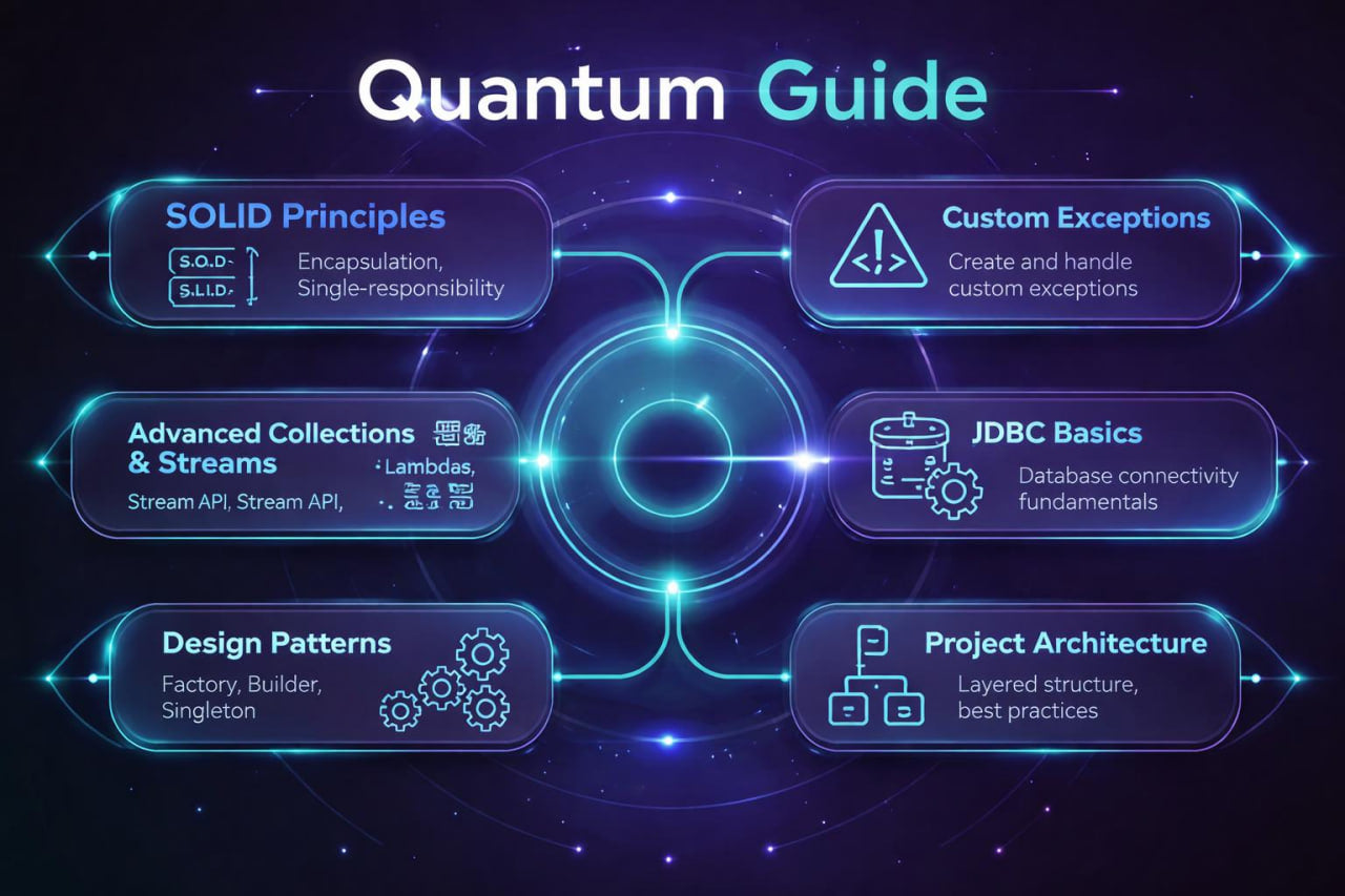 Diagram titled 'Quantum Guide' with various programming concepts and principles.