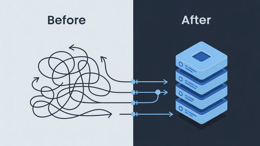 Comparison of a complex diagram labeled 'Before' and a stack of servers labeled 'After'.