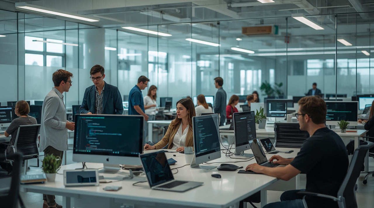People working in a modern office with computers and desks.