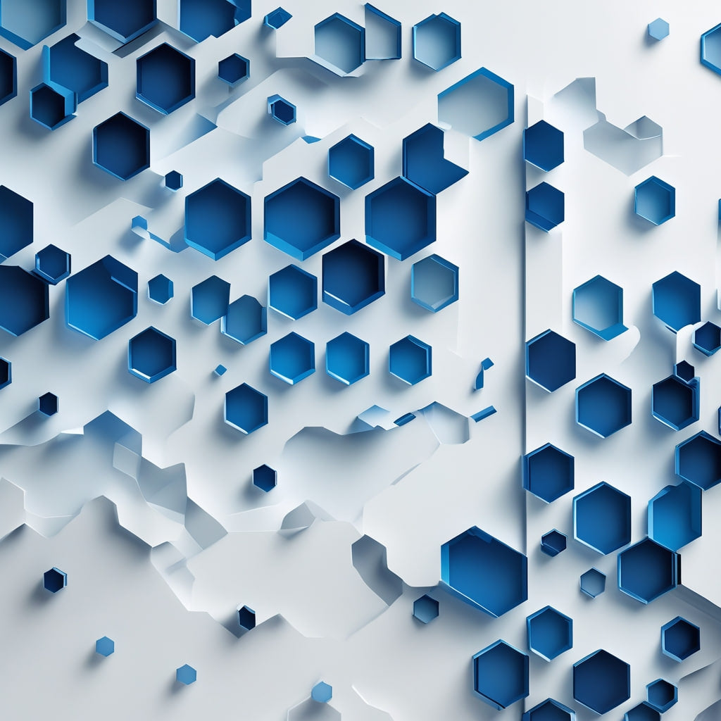 Geometric pattern of blue and white hexagons on a white background
