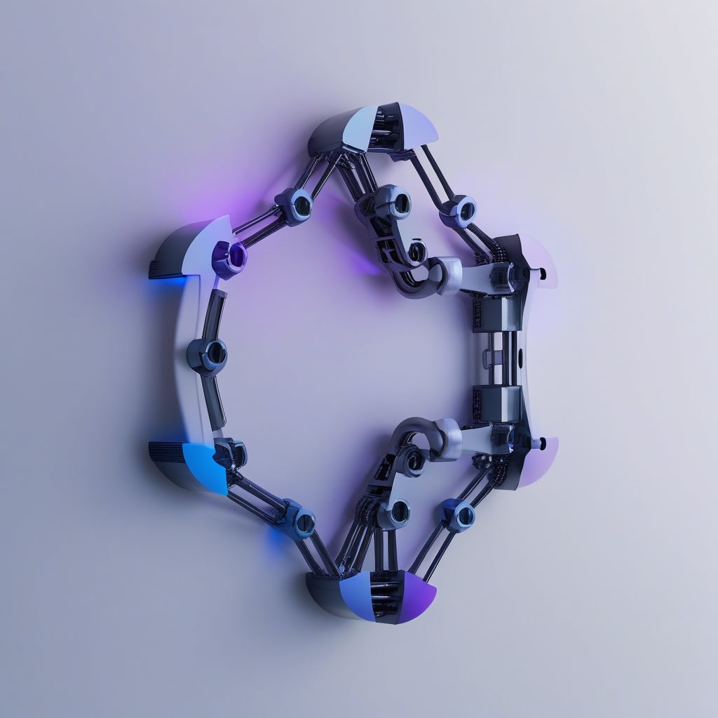 Mechanical bracelet with glowing purple and blue lights on a light gray background